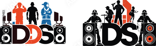 Silhouettes of DJs, rappers with mics, and loudspeakers incorporated into the letters


