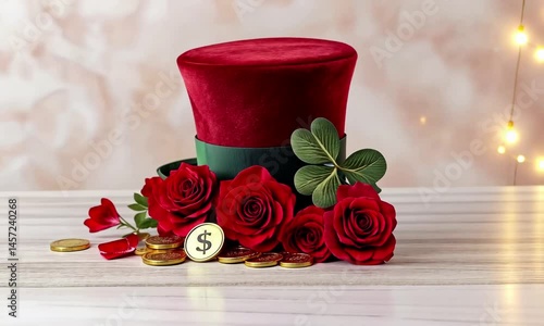 Enchanting leprechaun hat with gold coins and roses on festive display table