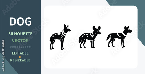 African Wild Dog Silhouettes Vector, Editable, Resizable, Canine, Wildlife, Design, Icons, Pack, Animal