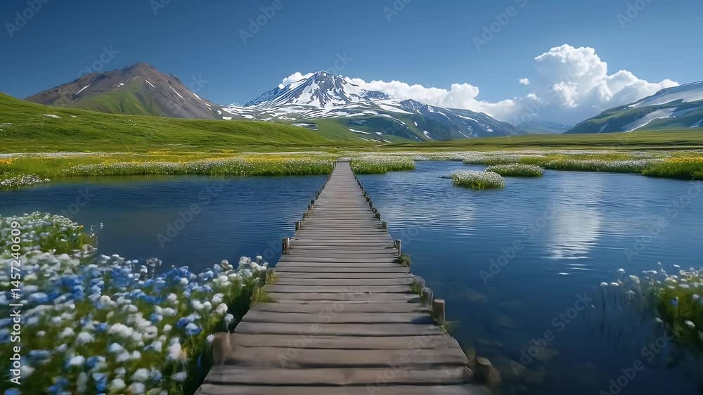 Wooden Pathway Over Calm Lake with Mountain Views and Wildflower Field Scenery Wooden Pathway Over Calm Lake with Mountain Views and Wildflower Field Scenery