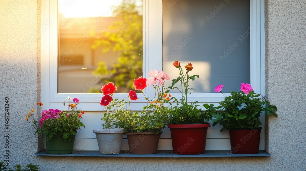 Fototapeta premium Several vibrant colorful potted flowers in window frames with sunlight
