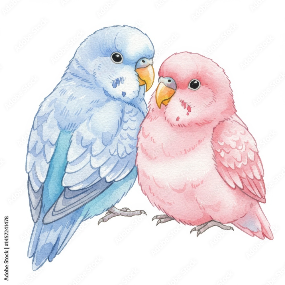 Two Pastel Parakeets Watercolor Illustration Two Pastel Parakeets Watercolor Illustration