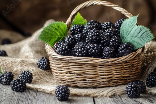 Fresh blackberries in woven basket on rustic wooden table photo