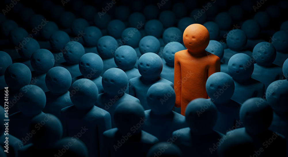 Obraz premium Orange Figure Stands Out Among Blue Crowd in a Dark Conceptual 3D Render
