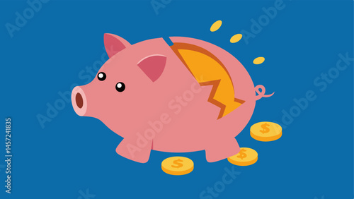 Broken Piggy Bank A piggy bank that is cracked with coins falling out symbolizing loss of savings and economic insecurity.