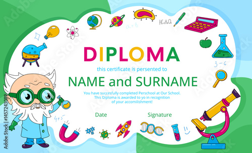 Colorful science-themed diploma template for kids with cartoon professor, lab tools, and playful elements. Ideal for preschool or elementary school awards and certificates.
