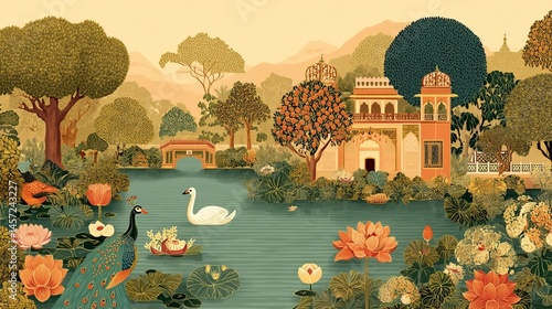 Fototapeta Naklejka Na Ścianę i Meble -  Mughal lake garden with swans lotuses peacocks palace scene for wedding invites