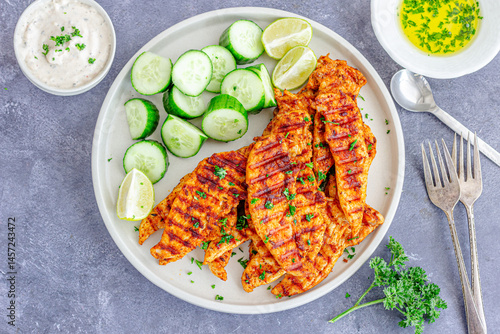Grilled Chicken Breast Tenders with Lemon and Cucumber Directly Above Photo
