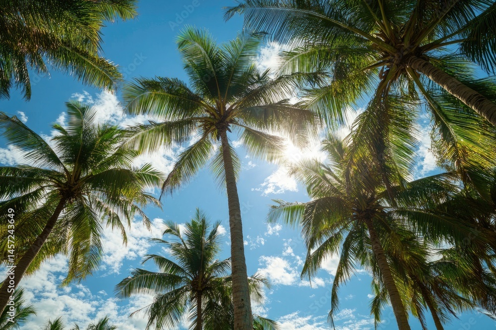Lush palm trees reaching towards a vibrant blue sky filled with sunlight and fluffy clouds Lush palm trees reaching towards a vibrant blue sky filled with sunlight and fluffy clouds