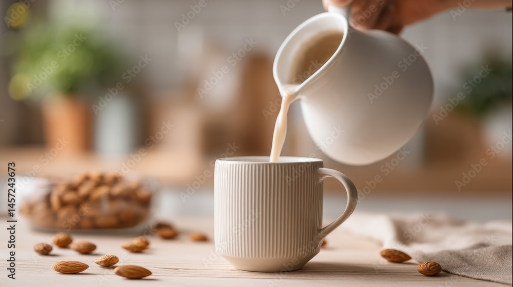 Fototapeta premium Almond milk pouring into coffee with fresh nuts, a natural and healthy alternative to dairy 
