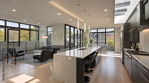 Fototapeta Naklejka Na Ścianę i Meble -  Open space kitchen with sliding doors leading to rooftop patio