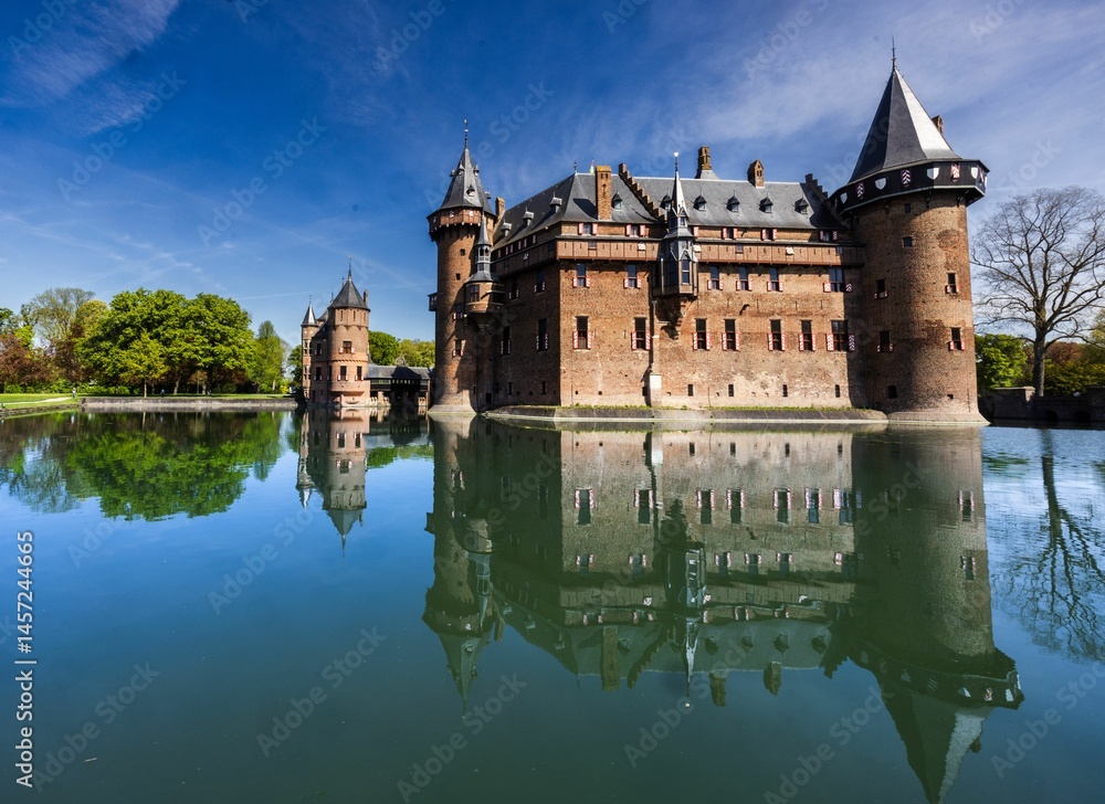 Obraz premium De Haar Castle reflecting in a tranquil lake.
