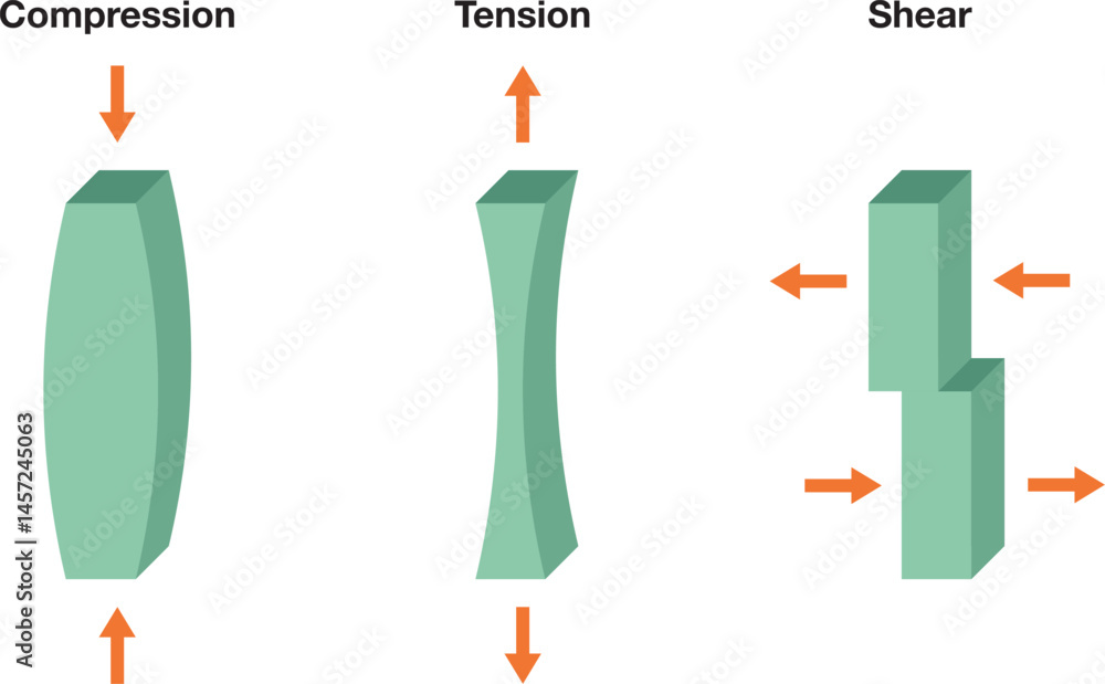 Display of tensile, compression and shear forces. Force types. It shows the direction of the three forces. Physics drawing.
