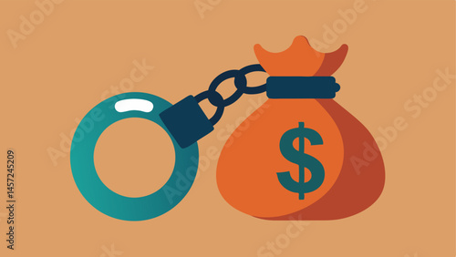 Handcuffs Over Money Bag An illustration of handcuffs lying over a money bag signifies the enforcement aspect of money laundering investigations.