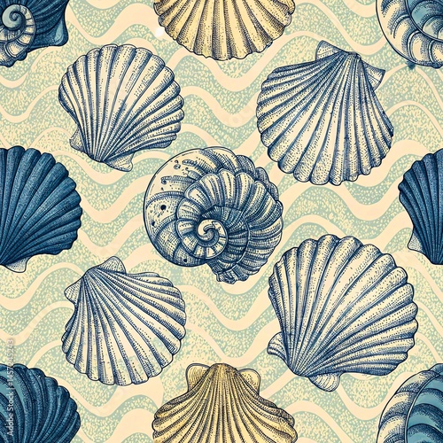 Watercolor Seashell Seamless Pattern, Sandy Beige and Ocean Blue Tones, Coastal Marine Design with Nautical Beach Elements