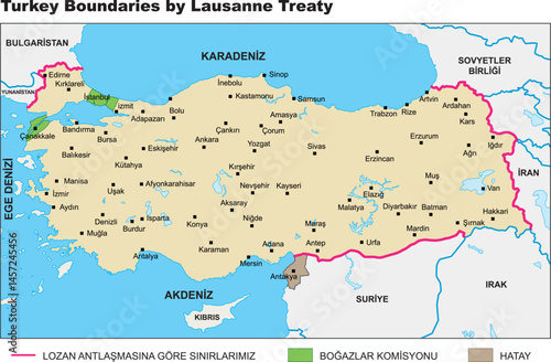 Turkey boundaries by Lausanne Treaty turkish history map. Turkey borders turkish history map. Vector illustration.
