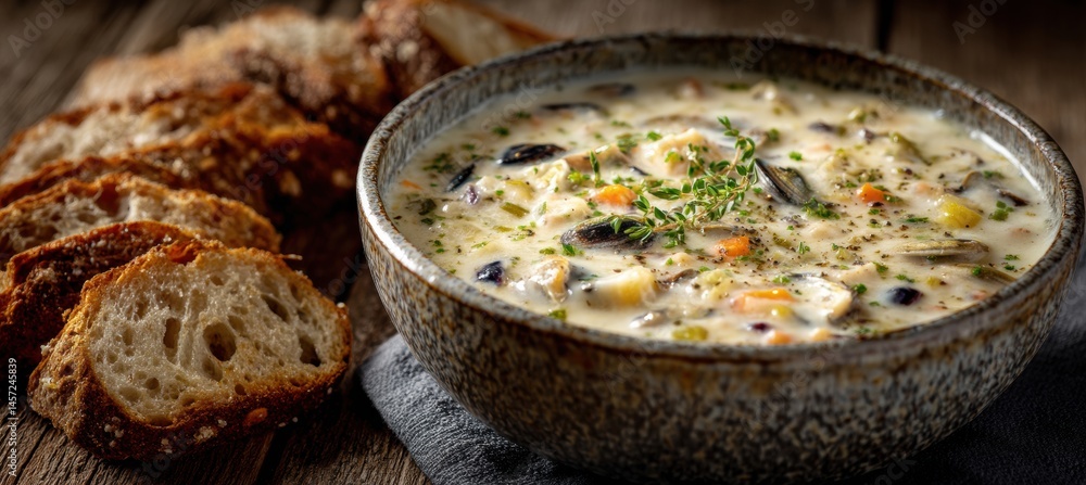 Rustic seafood chowder with clams and herbs in a cozy setting Rustic seafood chowder with clams and herbs in a cozy setting