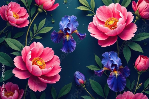 Bold peonies and irises in a repeating motif, rich gold accents , pattern, ornate