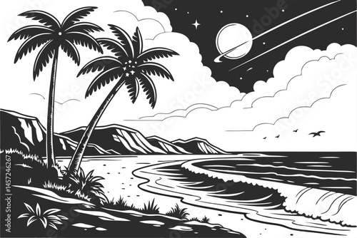 6 black and white illustration, tropical beach scene, sunset over ocean, palm trees silhouette, dramatic clouds, waves crashing, moonlit sky, shooting star, high contrast, detailed linework, woodcut s