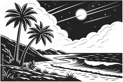 6 black and white illustration, tropical beach scene, sunset over ocean, palm trees silhouette, dramatic clouds, waves crashing, moonlit sky, shooting star, high contrast, detailed linework, woodcut s