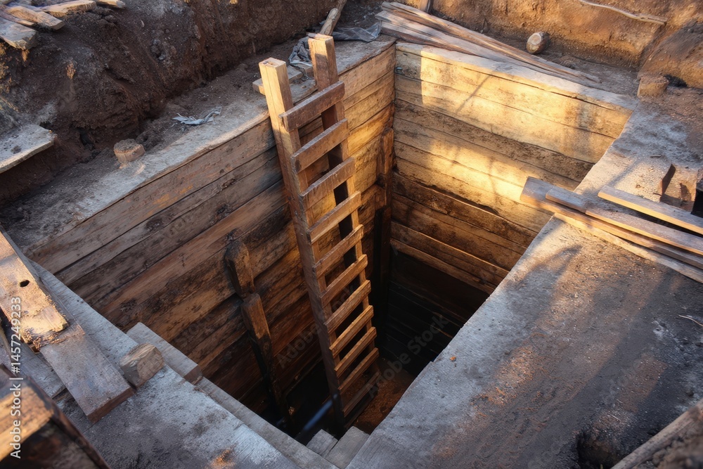 Obraz premium Wooden reinforced excavation pit with ladder in deep construction shaft