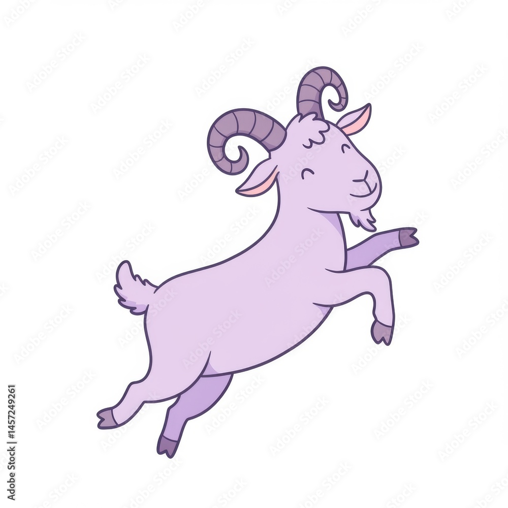 Fototapeta premium Playful Purple Cartoon Goat Jumping on White Background