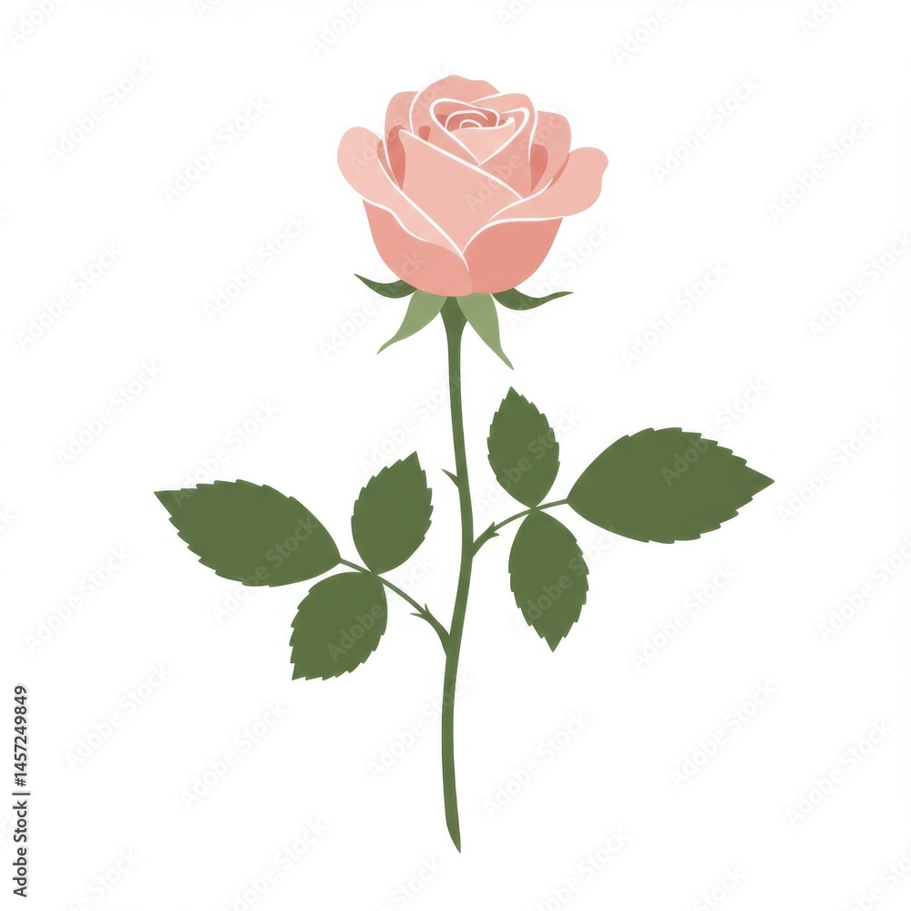 Fototapeta premium Pink Rose Blossom with Green Leaves on White Background