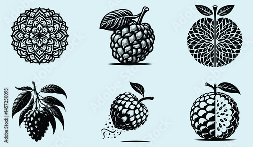 Black Silhouette of Annona Squamosa Sugar Apple Fruit with Clear Shape and Smooth Clean Design