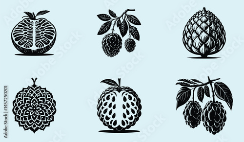 Black Silhouette of Annona Squamosa Sugar Apple Fruit with Clear Shape and Smooth Clean Design