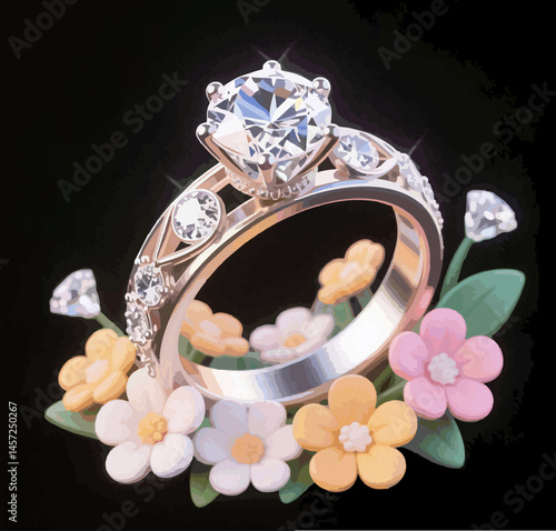ILUSTRATION Elegant Diamond Ring with Flower Accent