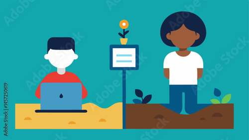 Access to Technology A split screen showing on one side a child engaged with a laptop and educational software while on the other side another child is drawing in the dirt with a