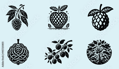 Black Silhouette of Annona Squamosa Sugar Apple Fruit with Clear Shape and Smooth Clean Design