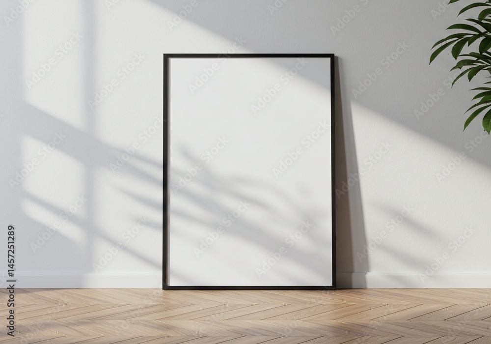 Blank poster mockup frame template on wooden floor against wall for artwork presentation Blank poster mockup frame template on wooden floor against wall for artwork presentation