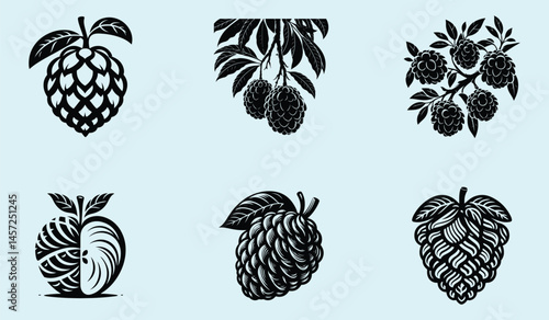 Black Silhouette of Annona Squamosa Sugar Apple Fruit with Clear Shape and Smooth Clean Design