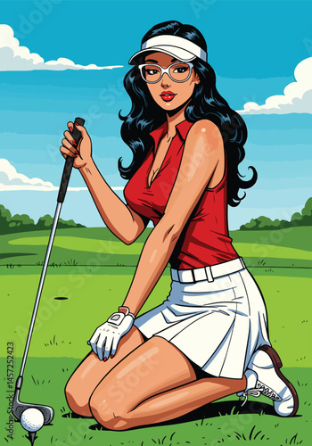 Adobe Illustrator Artwork Vibrant flat vector illustration of a stylish pin-up girl model playing golf on a scenic course. Retro sporty elegance with a modern touch