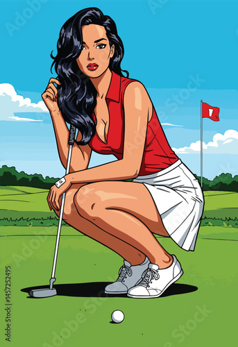 Adobe Illustrator Artwork Vibrant flat vector illustration of a stylish pin-up girl model playing golf on a scenic course. Retro sporty elegance with a modern touch