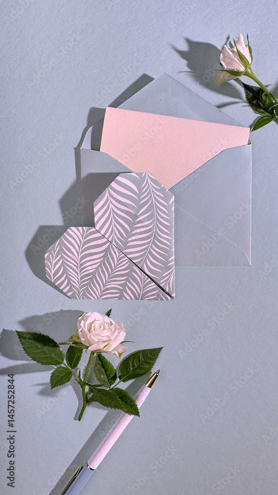 Romantic flat lay with heart-shaped patterned card, open envelope, white roses, and pen on pastel blue background