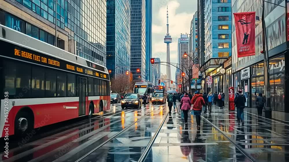 Urban Reflections: Cityscape view of downtown Toronto with wet streets and towering buildings Urban Reflections: Cityscape view of downtown Toronto with wet streets and towering buildings