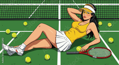 Adobe Illustrator Artwork Vibrant flat vector illustration of a stylish pin-up girl model on a tennis court, holding a racket with scattered balls. Retro sporty charm