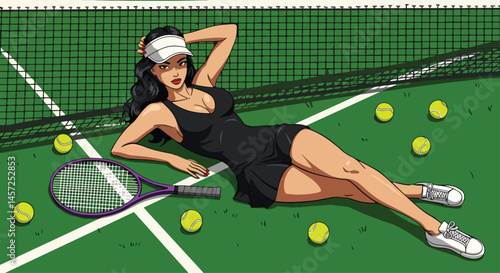 Adobe Illustrator Artwork Vibrant flat vector illustration of a stylish pin-up girl model on a tennis court, holding a racket with scattered balls. Retro sporty charm