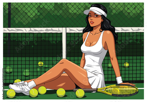 Adobe Illustrator Artwork Vibrant flat vector illustration of a stylish pin-up girl model on a tennis court, holding a racket with scattered balls. Retro sporty charm