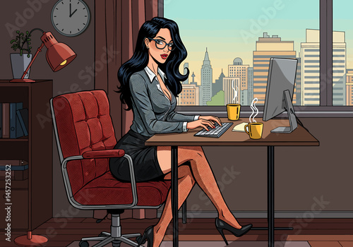 Vibrant flat vector illustration of a sexy pin-up secretary woman working on a desktop computer or laptop in a modern office with a city view. Retro charm meets modern work