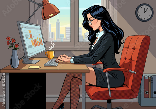 Vibrant flat vector illustration of a sexy pin-up secretary woman working on a desktop computer or laptop in a modern office with a city view. Retro charm meets modern work