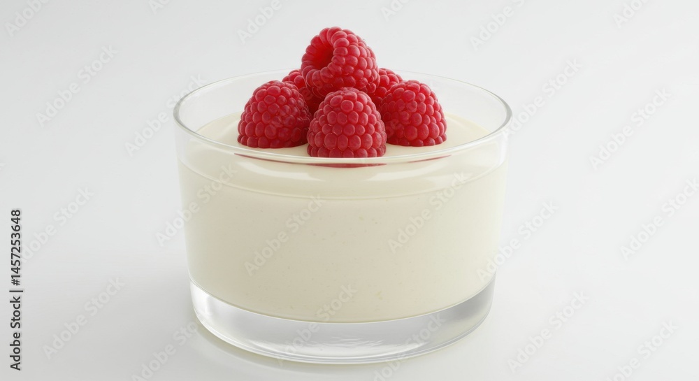 A glass filled with a creamy dessert topped with fresh raspberries on a white background surface view A glass filled with a creamy dessert topped with fresh raspberries on a white background surface view