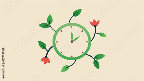 Clock with Growing Plants A clock with vines and flowers growing around it illustrating the idea that time and nurturing can lead to recovery and flourishing after difficulties.
