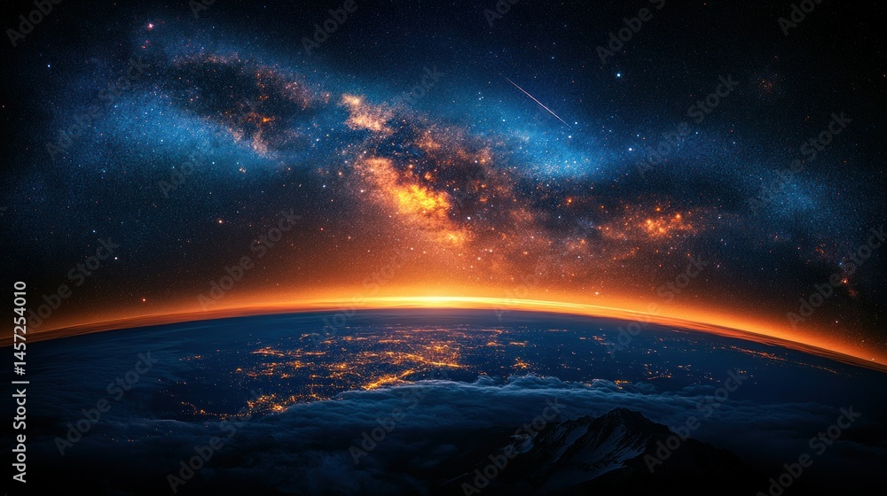 Naklejka premium Cosmic view of Earth, sunrise, clouds, Milky Way
