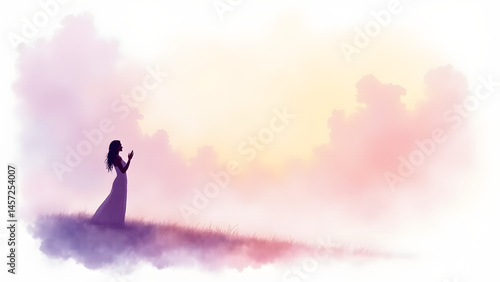 A delicate watercolor of a praying woman’s silhouette against a dreamy pastel sky. Evokes serenity and faith.
