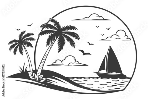 14 Black and white illustration, tropical island scene, circular composition, silhouette art, sailboat on waves, palm trees, stylized clouds, minimalist design, contrast, coastal landscape, graphic ar