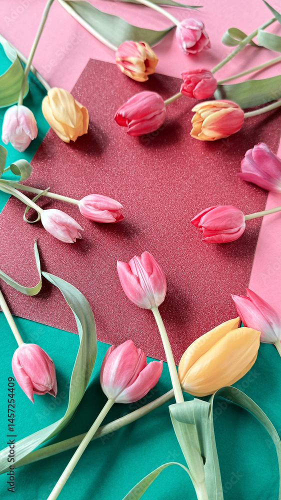 Colorful tulips arranged on vibrant pink, red, and green backgrounds with scattered leaves