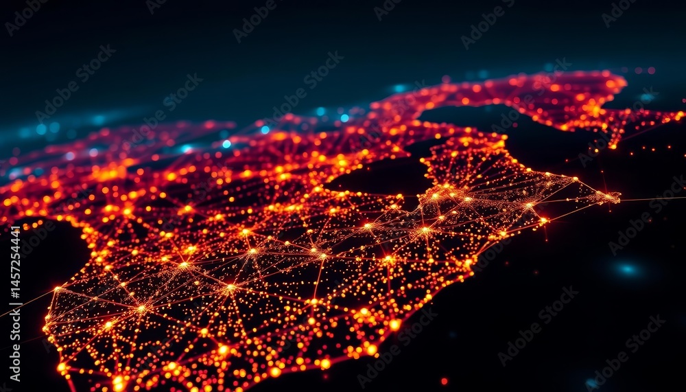 Glowing digital network across North America at night, global, lines Glowing digital network across North America at night, global, lines